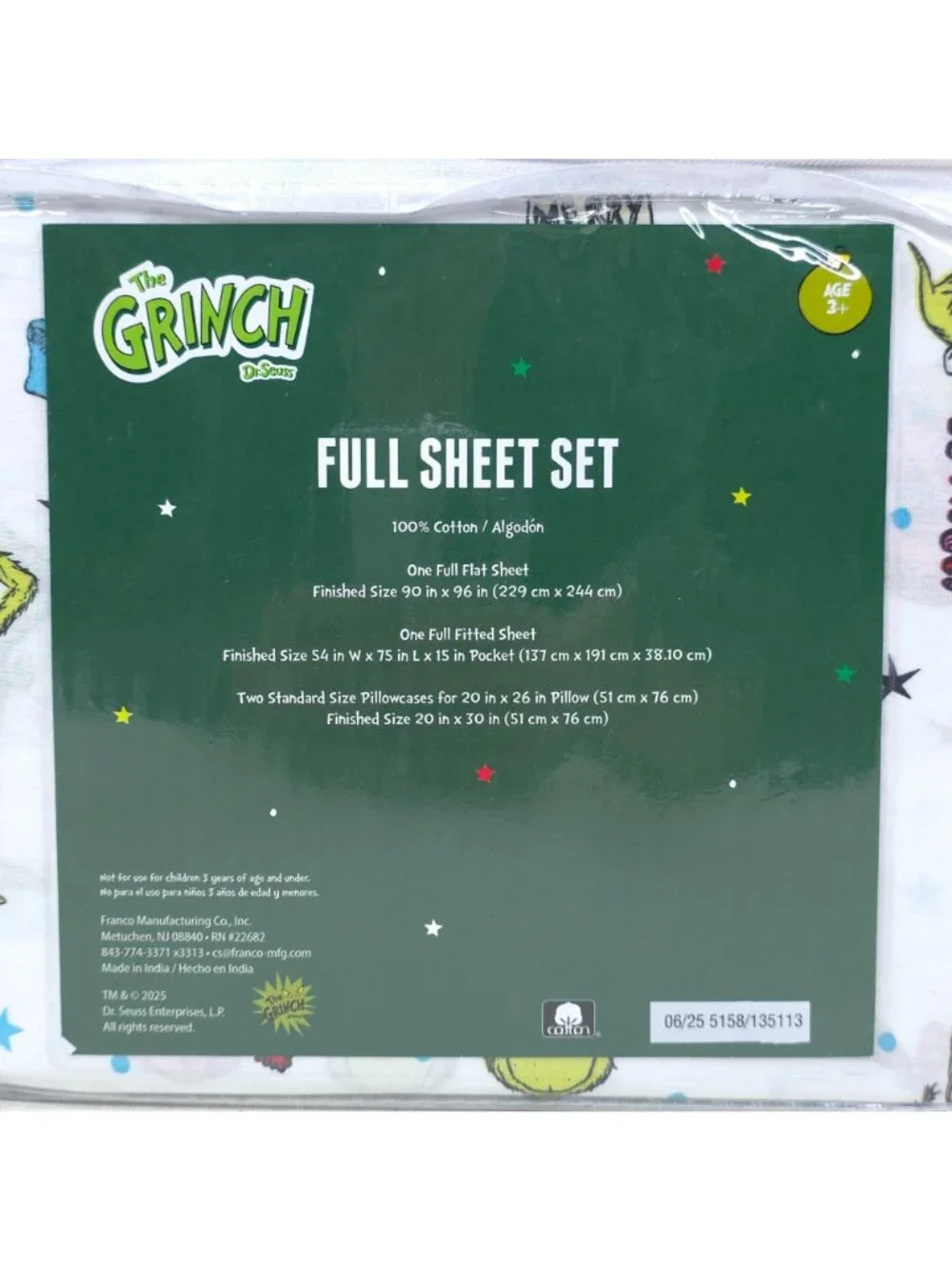 The Grinch Full Double Sheet Set 100% Cotton Cindy-Lou Who Christmas Holiday